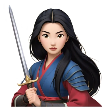 Cinematic Realistic Mulan Portrait, depicted with lifelike skin texture, soft natural lighting, and intricately detailed long black hair styled elegantly. Her deep, expressive eyes exude determination and grace, complemented by a serene yet confident expression. She stands with one hand resting on the hilt of her sword, the other by her side, exuding strength and poise. She is dressed in her classic attire, with rich fabric textures and delicate folds that catch the light beautifully. The portrait features a soft, enchanting glow with a natural, radiant finish, capturing the essence of timeless strength and beauty in a realistic and painterly style, evoking a sense of depth and authenticity. sticker