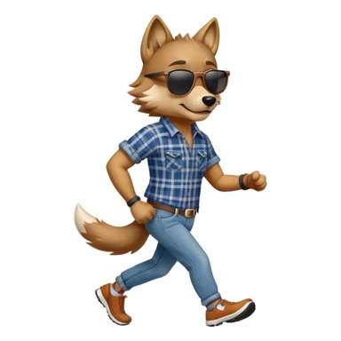 friendly anthropomorphised wolf in jeans and plaid shirt, wearing dark sunglasses, jogging upright in relaxed pose sticker