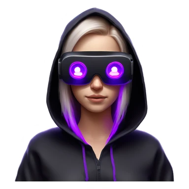 Russian girl wearing black hoody with violet letters "OMG", in vr headset oculus quest2. Standing like jedi. Cyberpunk style. Violet neon. sticker