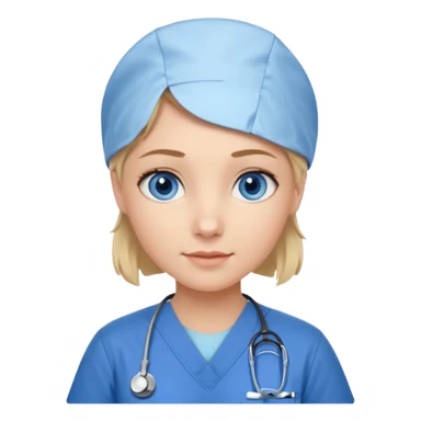 Nurse blue eyes short blond blue scrubs no hat sticker
