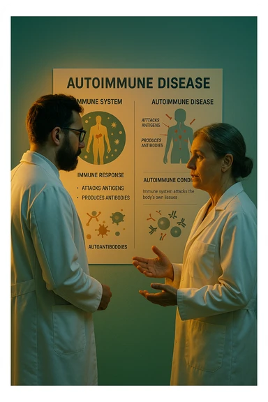 Realistic, detailed photo taken from behind of two doctors—a bearded man and a middle-aged woman—standing and facing each other as they discuss an autoimmune disease diagnosis in front of a medical chart that displays information about the immune system and autoimmune conditions. The scene is illuminated by a yellowish, orange, warm light that softly envelops the doctors. The entire room is bathed in a single green-blue color, creating a cohesive and modern atmosphere. Both doctors wear white coats, and their body language suggests a serious, professional conversation about the complexities of autoimmune diseases. Shot with a Canon EOS R5, with high detail and natural depth of field. sticker