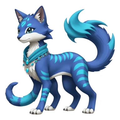 Kawaii cute Indigo Turquoise Grey beautiful pretty elegant divine edgy feline-vernid-sergal-Fakémon-Pokémon-Digimon-fursona-animal-creature, full body, with intricate detailed markings, silken shawl, decorative anklets sticker