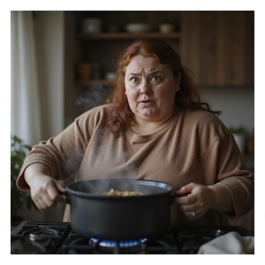 Obese woman forgetting a pot on the stove, surprised and confused expression, home environment, hyperrealistic 4K details. sticker