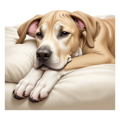 Meme-Worthy Cute Sleeping Fawn Great Dane Portrait Emoji, Head resting peacefully with a contented smile, showcasing a delightfully solid build and a luxuriously soft fawn Fur, eyes shut in a serene nap, Simplified yet hilariously adorable features, highly detailed, glowing with a soft, drowsy light, high shine, relaxed and utterly lovable, stylized with an air of playful laziness, bright and heartwarming, soft glowing outline, capturing the essence of a comically sleepy guardian, so meme-worthy it feels like it could instantly become the next viral sensation of adorable slumber! sticker