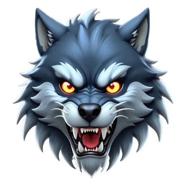 cinematic-noble-fierce-werewolf-head-close-up-emoji, poised-and-imposing, with a fierce wolfish face featuring glowing eyes full of primal ferocity, sharp, elongated fangs and a rugged snout, fur rippling in shades of midnight black and silver, muscles tensed and hunched over in an intense, threatening stance; rendered with realism, capturing the raw, untamed power of the beast beneath the moonlit sky sticker