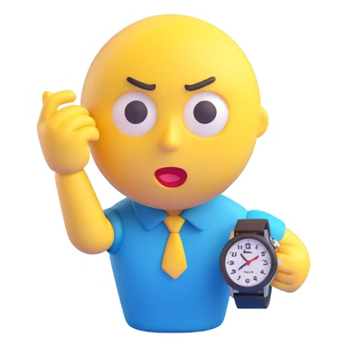 A yellow emoji face with a worried expression, looking at a wristwatch with raised eyebrows, showing urgency and stress sticker