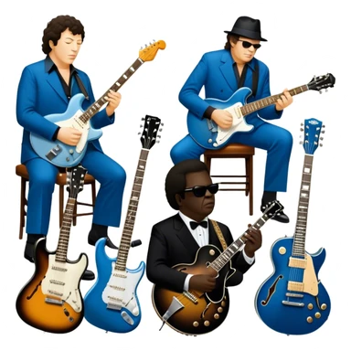 Icon for Blues Music: close-up collage of legendary blues artists. Gary Moore, Eric Clapton, B.B. King and Joe Cocker. Represented by silhouettes or symbolic items like guitars, microphones, or music notes, reflecting the soulful energy of blues music. Transparent background. sticker