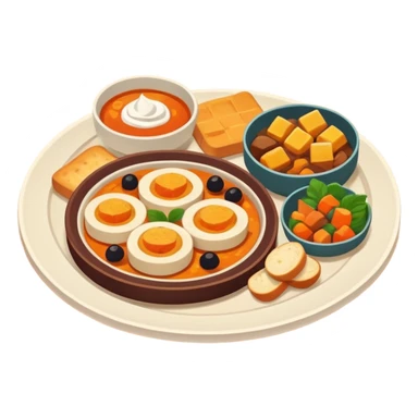 Homemade dishes on a plate, warm cozy colors, simple shapes, flat design, high contrast, friendly and inviting. sticker