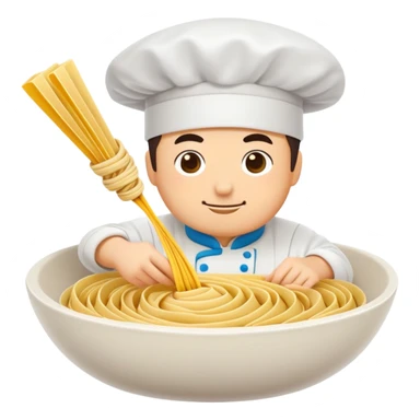 Shanxi knife-cut noodles with chef slicing dough, simplified emoji style with bold outlines and bright colors, cartoon style flying noodle strips sticker