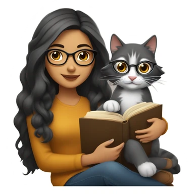 Beautiful Hispanic girl, wearing glasses, long dark- gray hair, sitting with a cat and book on her lap.  She’s wearing fall colors.  sticker