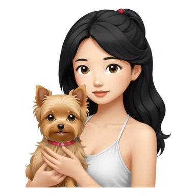 A pretty Asian girl with long, luscious wavy black hair (loose, no hair tie), wearing a white sleeveless halter top. She's holding a Yorkshire Terrier.  sticker