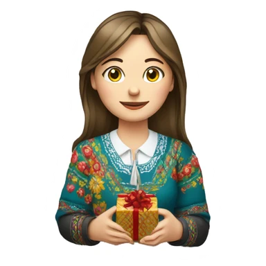 A female teacher in Ukrainian embroidery holds a gift in her hand sticker