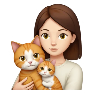Straight hair ear length in dark brown , holding one ginger cat and one yellow white cat sticker