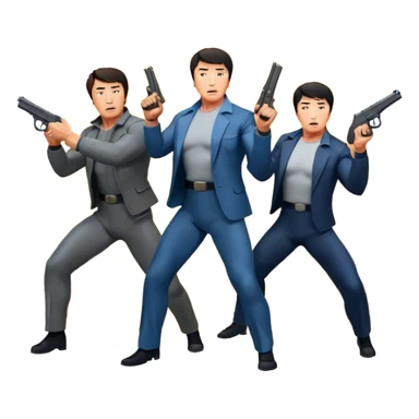 Action movie icons: Arnold Schwarzenegger, Sylvester Stallone and Jackie Chan in tense poses, surrounded by explosions, guns and fast-paced stunts. The design should reflect the energy and heroes of classic action movies. Transparent background. sticker