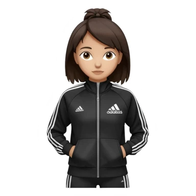 A girl with  medium-length, dark brown hair. The style is a soft, layered cut that falls around her shoulders. wore black Adidas track jacket with white stripes on the sleeves. It has a full zipper down the front, a stand-up collar, and the Adidas logo on the right chest emoji sticker