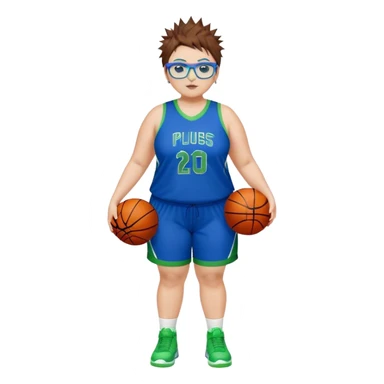 Full Body white plus size Girl with basketball spikey short brown HAIR wearing blue glasses with green eyes wearing blue and green basketball uniform WITH NO WRITING sticker
