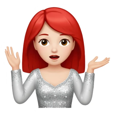 Looking slightly to the left Singing with open eyes and red cheeks wearing long-sleeved sequined white dress  sticker