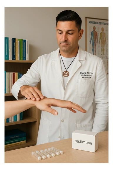 a middle-aged man in a calm, well-lit studio, wearing casual professional attire, performs a classic muscle test on a client’s outstretched arm. On a nearby table, there are small envelopes or vials labeled “testimone” representing samples or objects connected to a distant person. The atmosphere is focused and serene, with books and charts about kinesiological techniques in the background. sticker