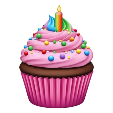 cupcake emoji with pink cake, chocolate icing, and rainbow sprinkles sticker