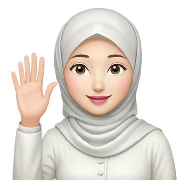 Asian white woman hijab, her hijab color is white, her face is small oval, her face is firm, her lips are pink, her eyes is shining, her face looks happy and excited, her eyes are also smiling, her outfit color is white. Generate emoji that show full body and her left hand is waving to the left sticker