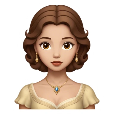 Cinematic Realistic Belle Portrait, depicted with lifelike skin texture, soft natural lighting, and intricately detailed brown hair styled elegantly. Her deep, expressive eyes exude warmth and intelligence, complemented by a serene and graceful expression. She is dressed in her classic attire, with rich fabric textures and delicate folds that catch the light beautifully. The portrait features a soft, enchanting glow with a natural, radiant finish, capturing the essence of timeless beauty in a realistic and painterly style, evoking a sense of depth and authenticity. sticker