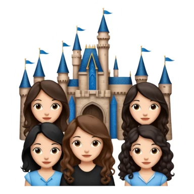 Quiero que crees una imagen donde este el castillo de Disney y por detrás o delante pon a quatro chicas: una con el pelo largo rizado marrón , otra con el pelo corto negro, otra con el pelo mediano liso marrón y otra con el pelo negro largo liso sticker