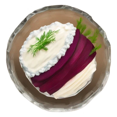 Shuba russian Layered Beet dish  with Herring and mayonnaise in Crystal bowl, dill on top  sticker