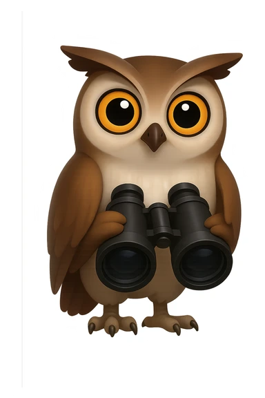 Сова держит в крыльях бинокль и смотрит прямо на зрителя, прозрачный фон sticker