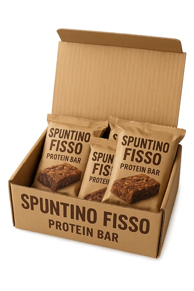 scatola aperta piena di barrette proteiche, con la scritta "SPUNTINO FISSO" SULLA CONFEZIONE in italiano,  realistici sticker