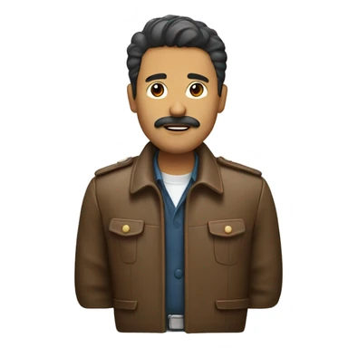 Brown jacket with small mustache and staight hair white handbadge sticker