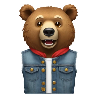 grizzly bear wearing sleeveless jean jacket and red headband with open mouth sticker
