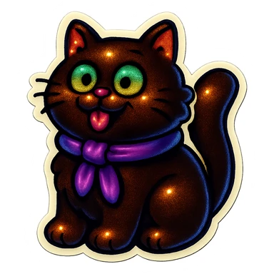 Fluffy cute derpy silly goofy funny dark-brown cat with green eyes and a purple scarf  sticker