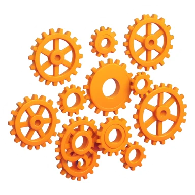 3D style icon of cogs only, no computer, square proportions, modern and dimensional, suitable for a tech interface sticker