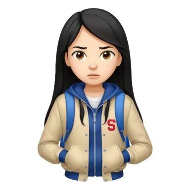 college student with annoyed face , black hair , with varsity jacket and backpack , girl, long hair,  sticker