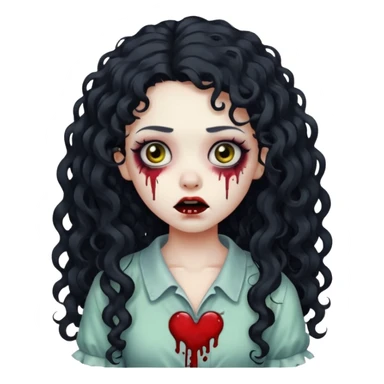 adorable zombie girl with long black curly hair and a white streak, unsettling face, makeup, iPhone emoji style sticker