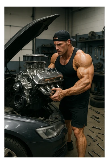 a muscular bodybuilder in gym attire stands next to a car with the hood open, lifting a large, shiny, high-performance engine with ease. His expression is focused and determined as he installs the new engine. The background is a modern garage, with tools and car parts scattered around, emphasizing strength and mechanical skill. sticker