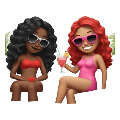 Two girls. One of them with long black wavy hair, sunglasses on, red swimming suit, another one is red hair, pink swimming suit, both drink cocktails and laying on the outdoor couch  sticker