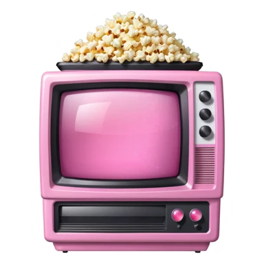 front view of transparent sparkly pink shiny CRT TV sitting on top of pink VCR, with pink/white rhinestone bucket of popcorn beside it sticker