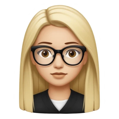 A woman with light skin tone, long straight blonde hair parted to the side, large brown eyes, wearing black-framed glasses, and a neutral expression with a slight smile. sticker