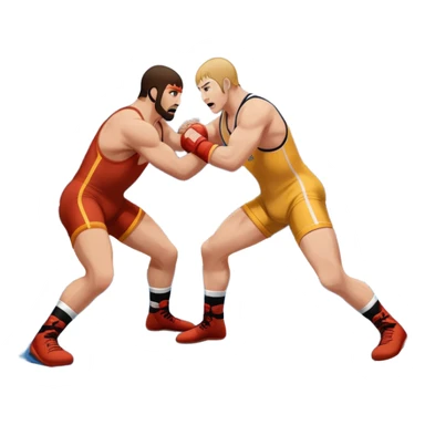An icon showcasing two wrestlers engaged in a dynamic free wrestling match. The athletes are in mid-action, one attempting a takedown while the other defends. The background features a wrestling mat, and the fighters wear traditional singlets. Transparent background  sticker