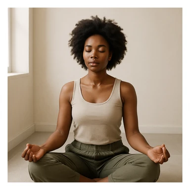 realistic style portrait of a black woman meditating, in a minimalist interior with natural light sticker