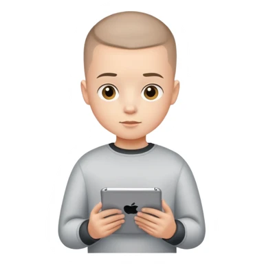 Kid with a buzz cut and white holding iPad sticker