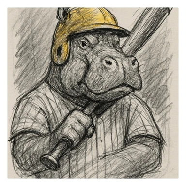hippo holding a baseball bat, wearing a yellow helmet, pinstripes outfit sticker
