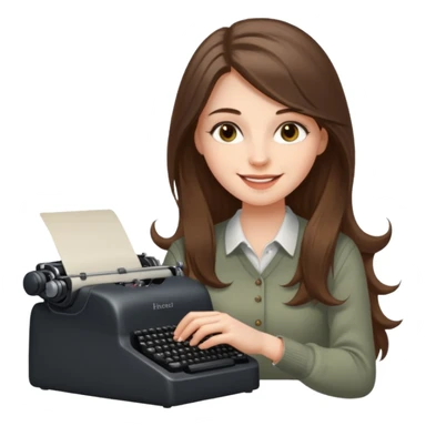 smiling white long brunette hair girl with hazel eyes typing on a typewriter sticker