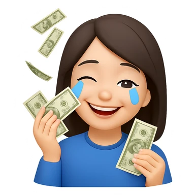 Make the brunette girl smile instead, drying her tears with money bills, in emoji style, no background. sticker