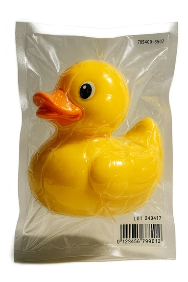 vacuum-sealed rubber duck, shiny and tightly wrapped sticker