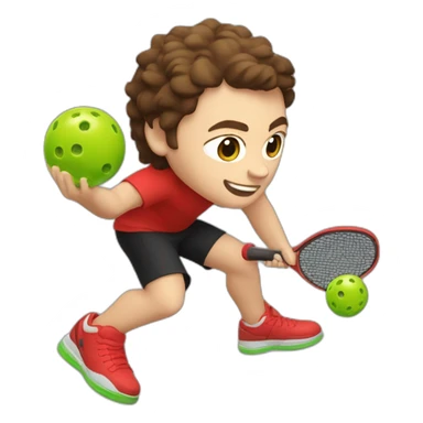 Young guy with brown hair playing pickleball full body red shirt black shorts solid black paddle sticker