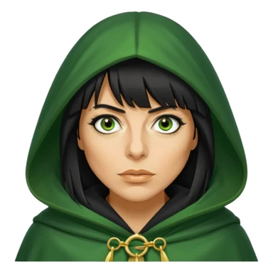 claudia winkleman with a heavy fringe and a fake tan as a traitor with a green hooded cloak with a gold clasp and dark black eyeliner sticker