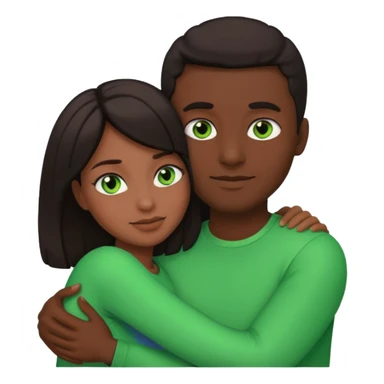 black man hugging a woman with dark hair and green eyes, emoji style sticker
