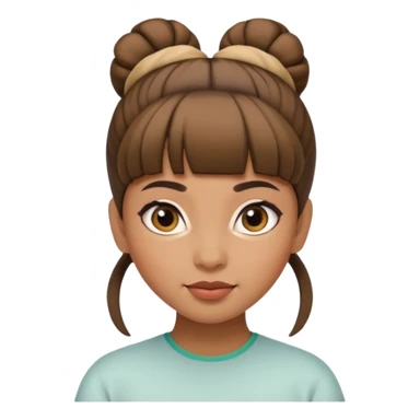 In Apple Memoji format, a girl with bangs and her hair in a bun. The girl has light brown skin and arab ethnic features sticker